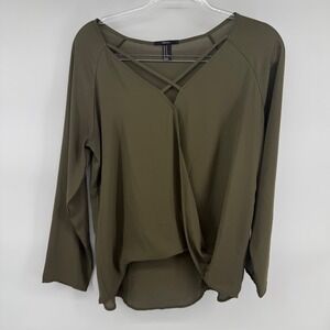 Forever 21 Womens Olive Green Strappy Criss Cross V-Neck Wrap Blouse Size M